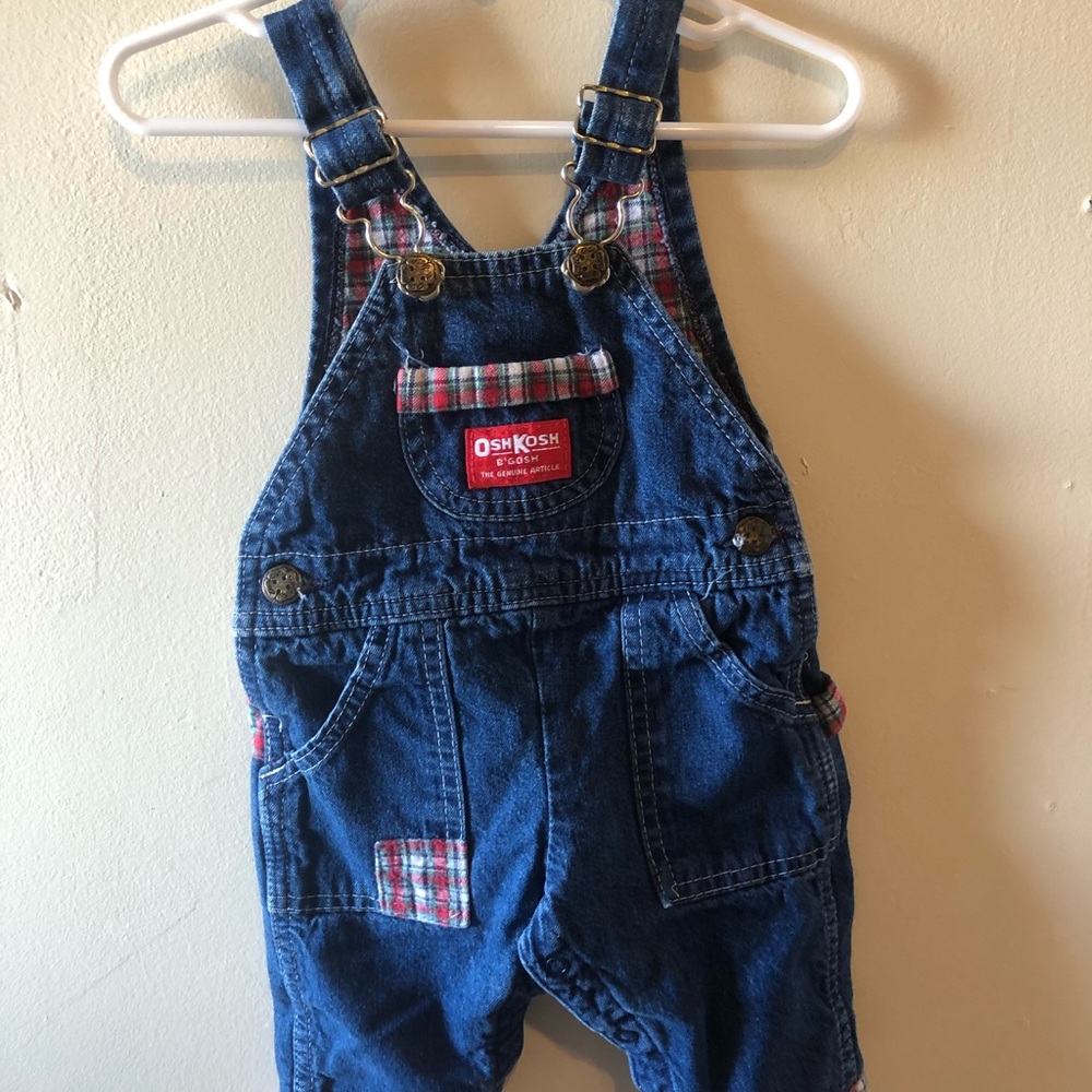 Osh Kosh overalls with plaid.